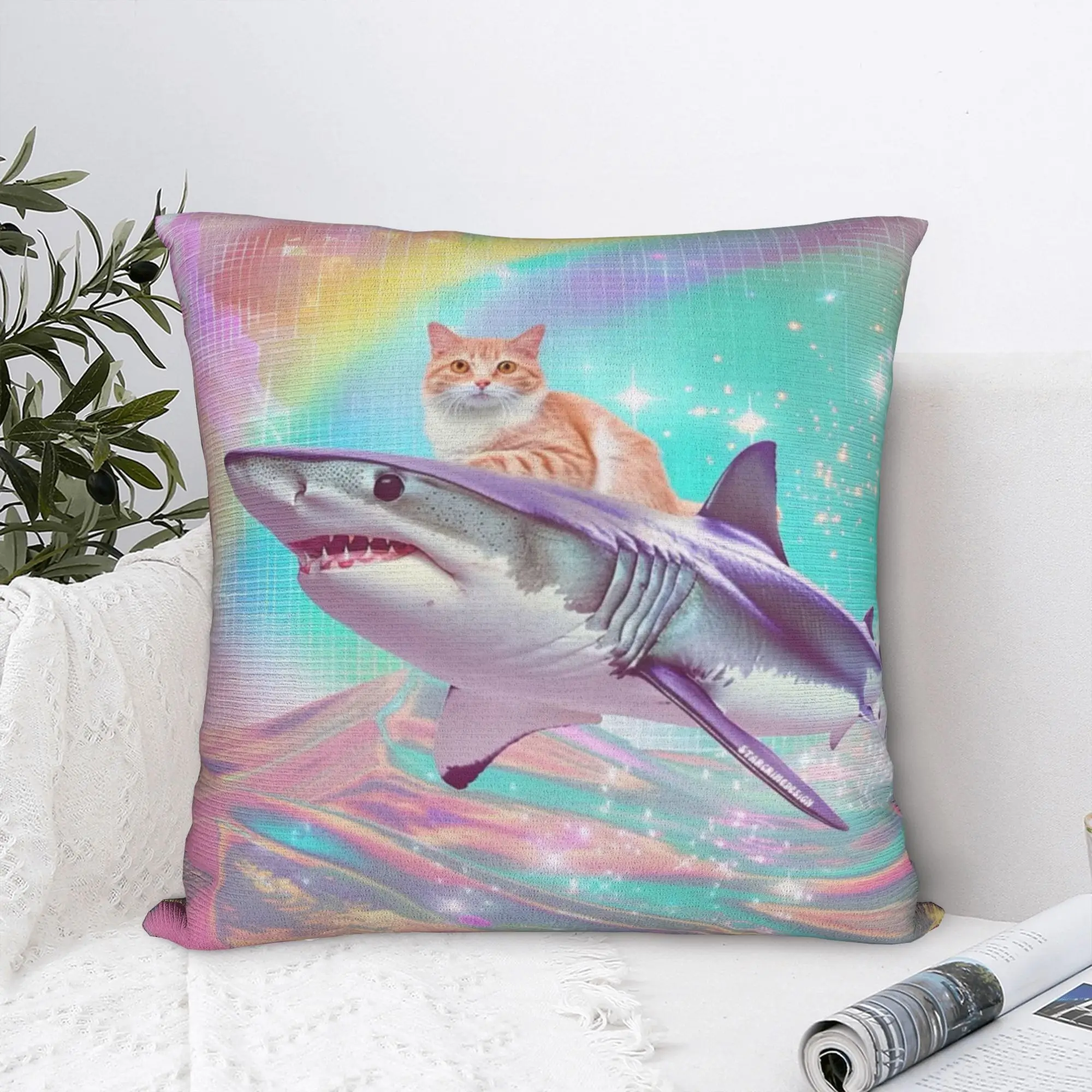 Cat Riding A Shark Frutiger Aero Square Pillow Cases  Cushion Covers Novelty Zipper Decorative Pillowcase for Home 45*45cm