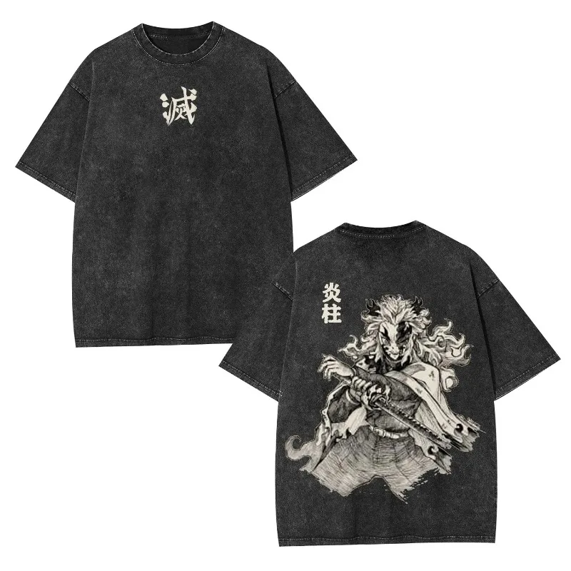

Summer Men's Washes T-shirts Japanese Anime Demon Slayer Kyoujurou Graphic Clothing Harajuku Y2K Tee Oversized 100% Cotton Tops