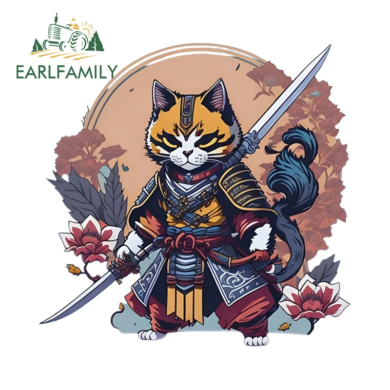 EARLFAMILY Samurai Neko Cat Funny Cartoon Car Sticker Creative  Fish Boat Decal PVC Waterproof Windshield Custom Printing