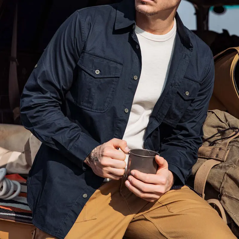 2026 Spring and Autumn New Shirt Men's Long Sleeve Cotton Casual Solid Color Shirt Tooling Slim Jacket