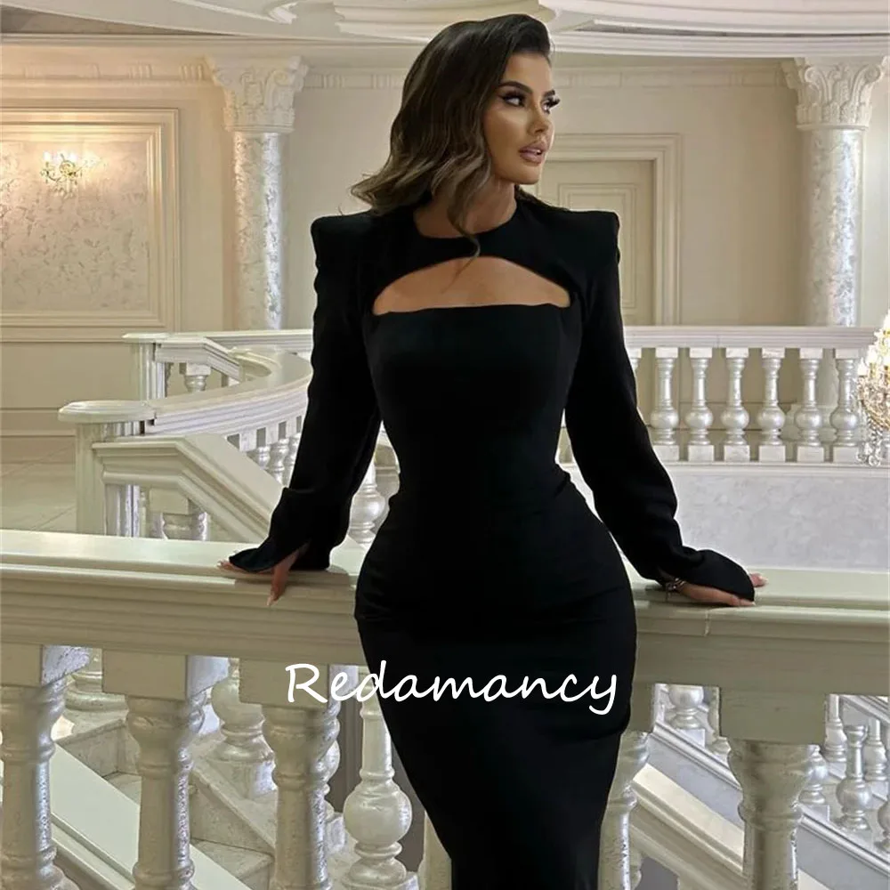 Redamancy Black Crepe Prom Dresses Detachable Shawl Mermaid Wedding Dress Elegant Long Sleeves Customized Vestidos De