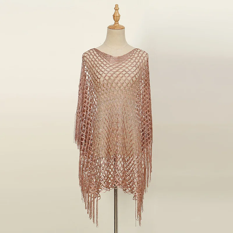 2024 Langarm Aushöhlen Häkeln Gestrickte Tunika Strand Cover Up Cover-Ups Strand Kleid Beachwear Weibliche Frauen Quaste schal Wraps