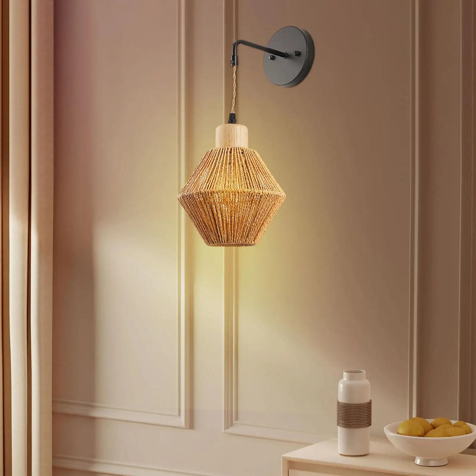 Rattan Wall Sconce Wall Mount Lamp Retro Style E26/E27 Base Rattan Wall Light for Restaurant Bathroom Reading Home Decoration