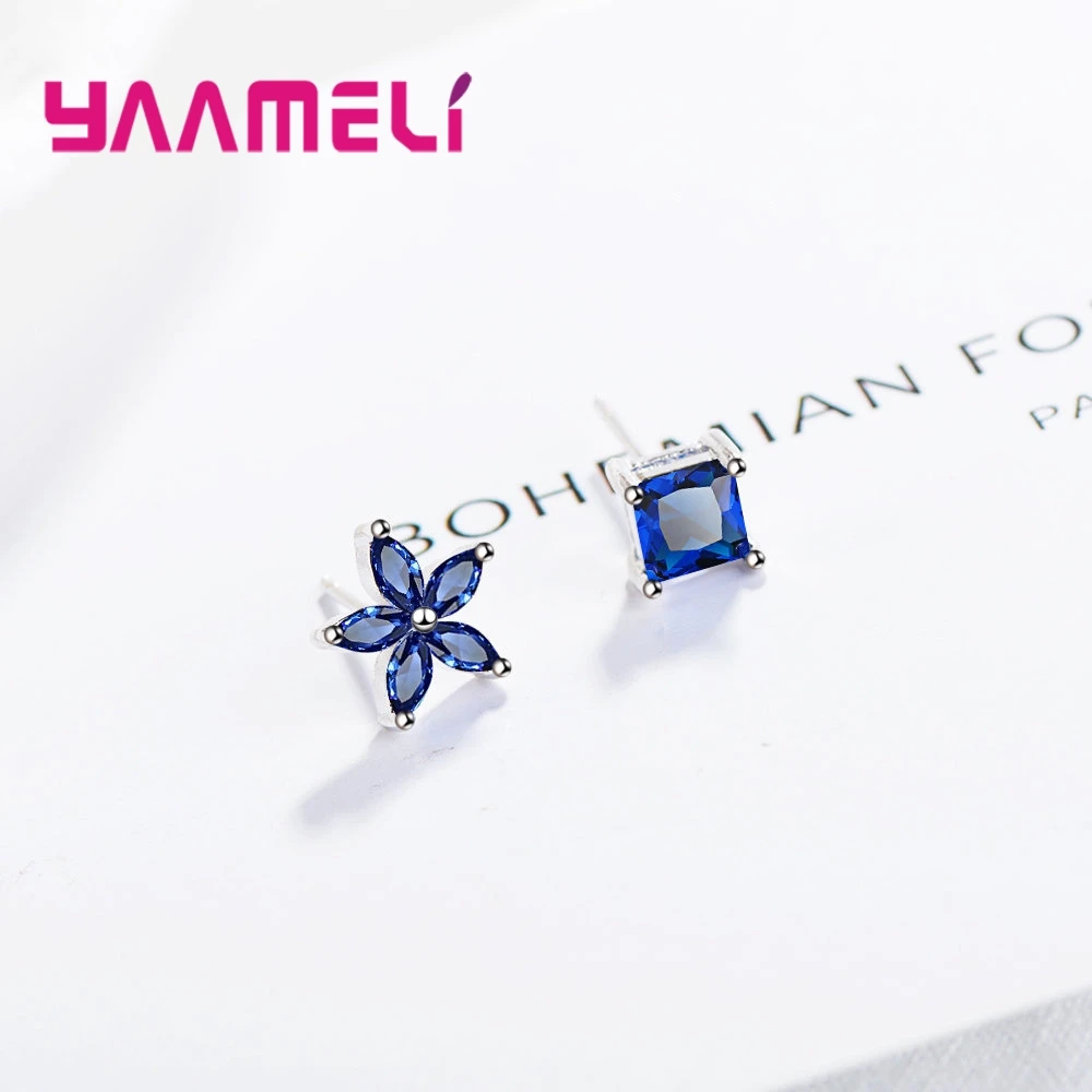 Sparkling Hip hop Fine Jewelry 925 Sterling Silver Color with 5A Cubic Zircon Flower and Squae Asymmetric Stud Earrings