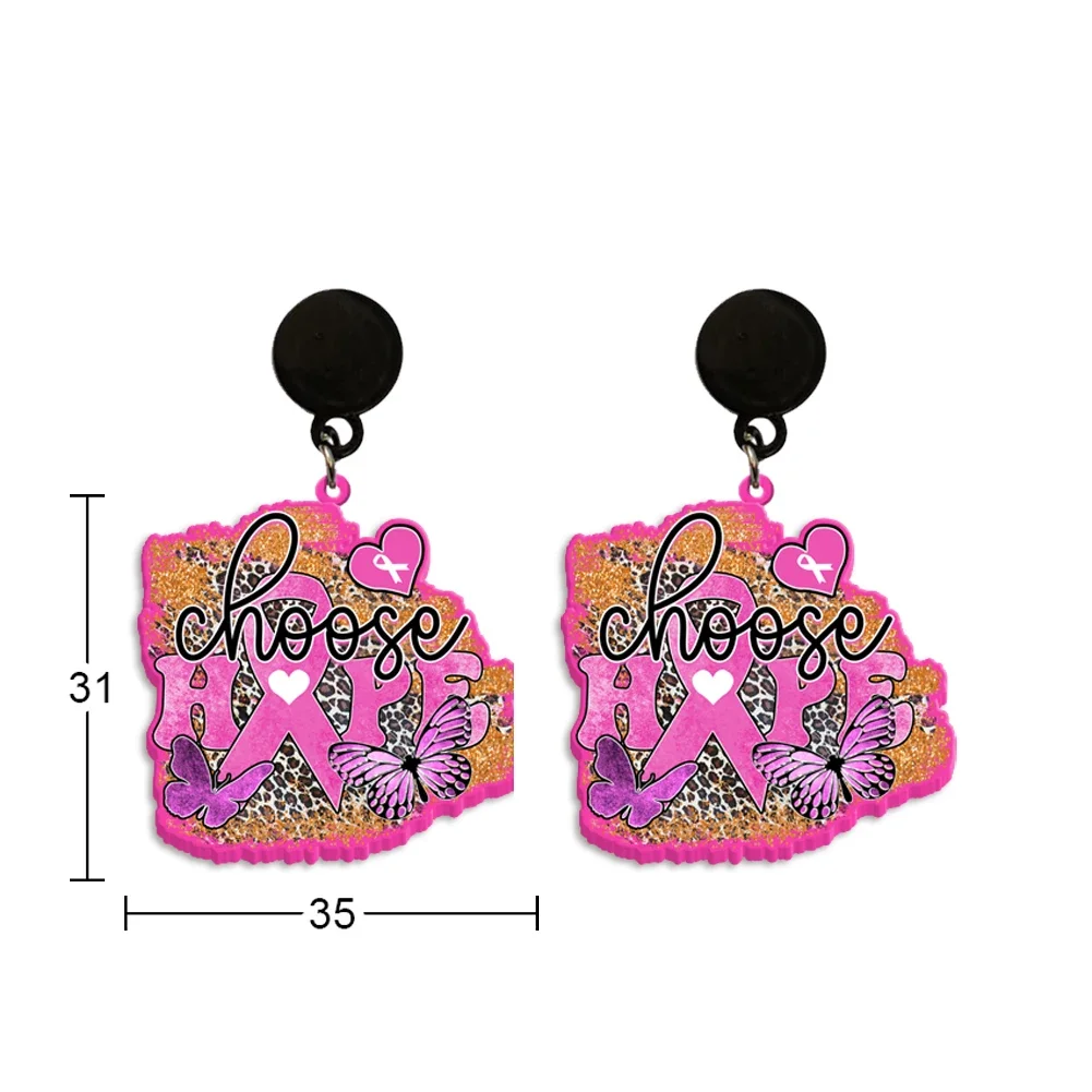 Women Fight Cancer Theme Dangle Acrylic Earrings Pink Back Jewelry Earrings Handmade Black Resin Hook Earring