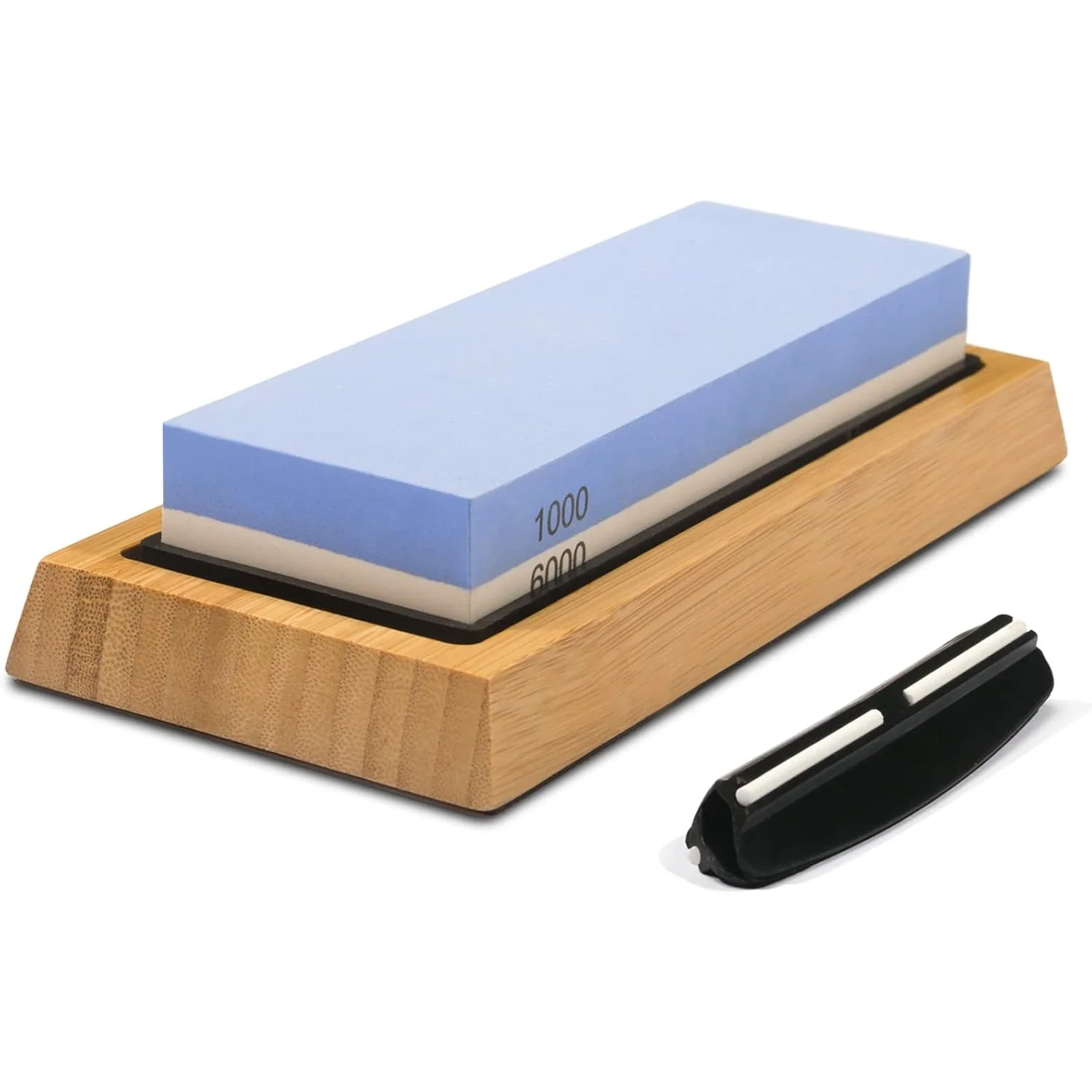 Double Sided Whetstone 1000/6000 Grit Knife Sharpening Kit with Bamboo Base & Angle Guide