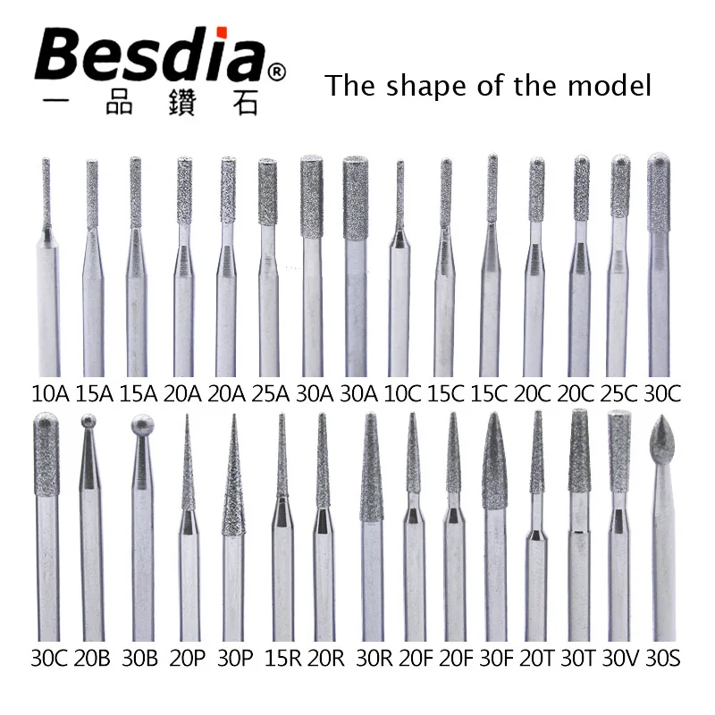 30pc Besdia BMA-30 Diamond Mounted Points Set  Alloy Grinding Head Jade Polishing Inner Hole Carving Tool Diamond Grinding Rod