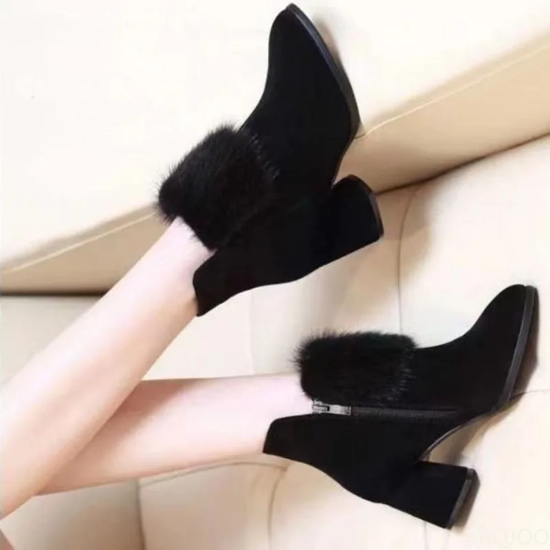 أحذية ثلج سميكة ذات كعب عالٍ، أحذية شتوية مدببة عصرية، طراز جديد، أحذية نسائية بسيطة ومريحة ومتعددة الاستخدامات #5