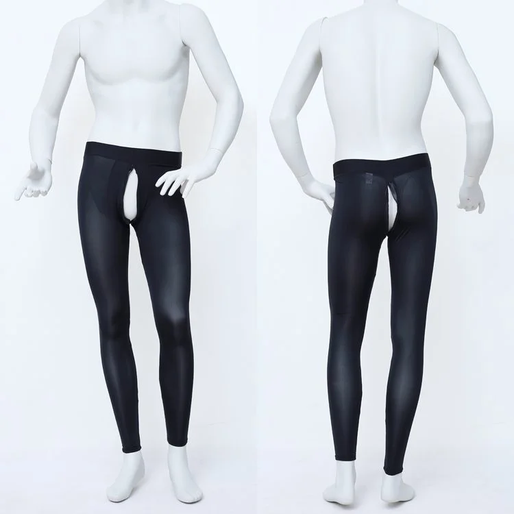 Invisible Zipper Open Crotch Ultra-thin Leggings Mens See Through Sexy Ice Silk Transparent Tight Pants Underwear