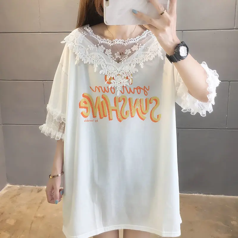 Casual Lace Spliced Loose T-shirt Hollow Out Female Clothing Korean Fashion Letter Printed Summer O-Neck Short Sleeve Pullovers