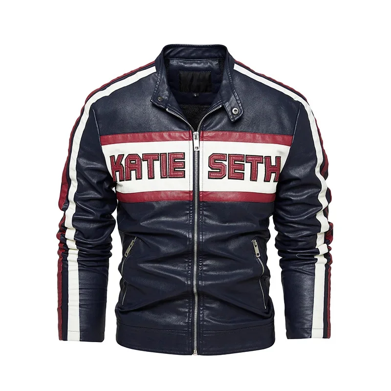 

Men's JG-2282 Leather Jacket Motorcycle Color-blocking Plus Velvet Thermal Clothing Stand-up Collar Slim Youth Style