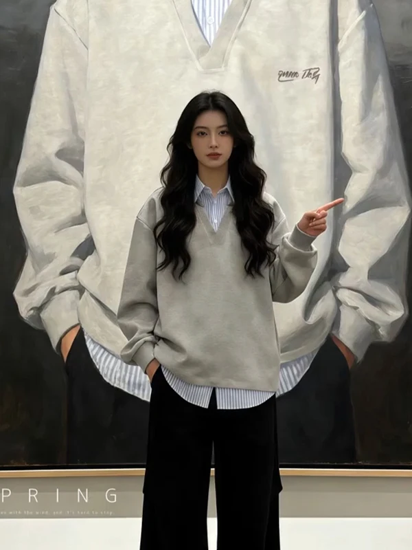 

ay Striped irt Collar Fake Two-Piece Sweatirt Men's Long Sve T-irt American Base irt Spring College Sle