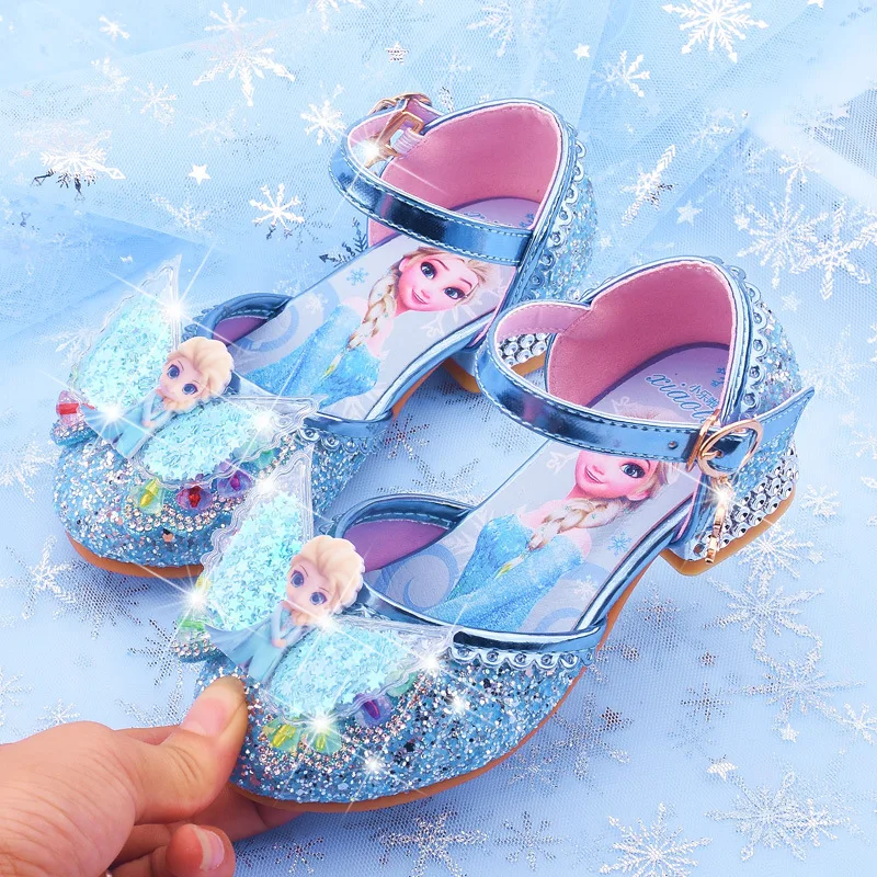 Disney Frozen Kids Leather For Girls Elsa Princess Casual Glitter Children High Heel Party Dress Shoes With Butterfly Knot