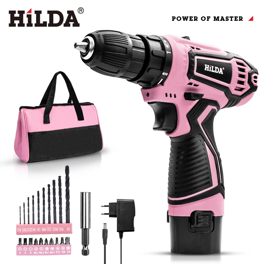 HILDA 12V Cordless Pink Drill with Bag DC Lithium ion Battery Electric Screwdriver Mini Wireless Power Driver