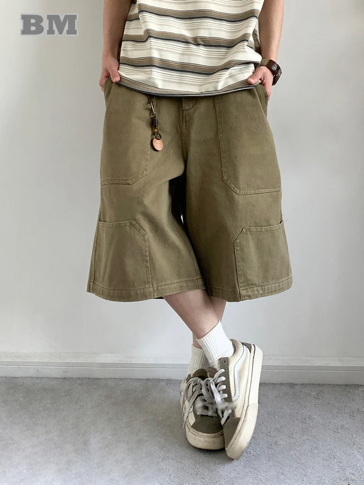 

Японские винтажные шорты-карго унисекс, 100% хлопок, потертые, средней длины, свободный крой, прямые брюки, повседневные летние модные брюки