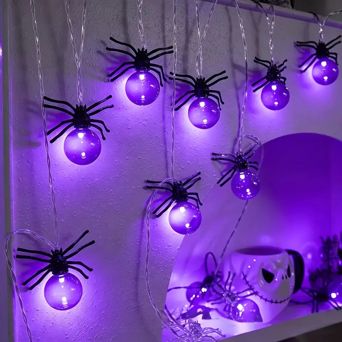 

Halloween Spider String Lights 59.06in 10LED Battery Powered Purple Warm White Fairy Lights for Haunted House Party Home Decor
