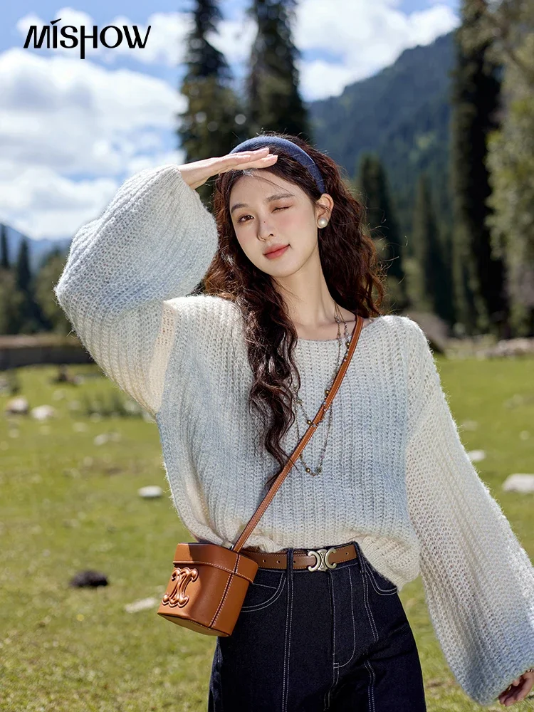 MISHOW French Knit Sweater Women Mohair Wool O-Neck Sweater Tops Retro Casual Loose Lantern Sleeve Long Sleeve Tops MXD42Z0764