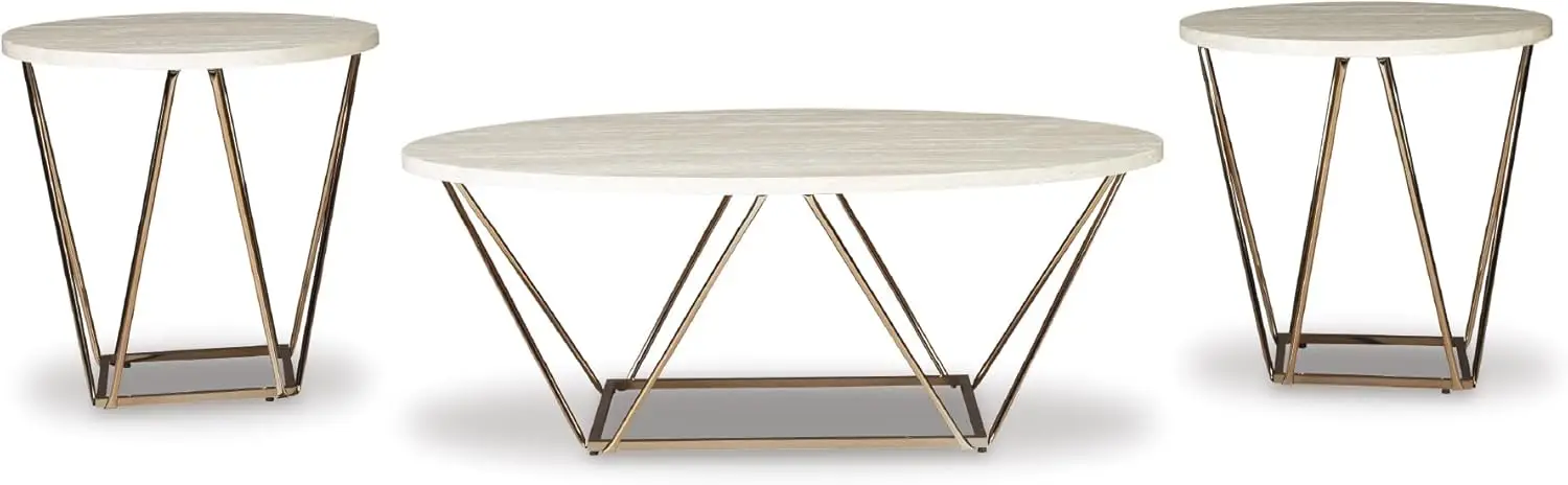 Modern White & Gold 3-Piece Coffee Table Set with Faux Marble Tops, Includes Center and End Tables