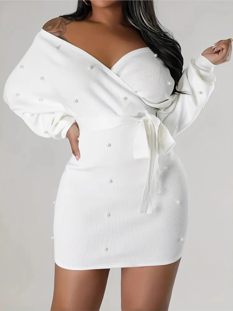 

Solid Color Dress Vestidos Dresses 2025 Woman Long Sleeves Nail Beads V-link Leace-up Package Hip All-match Elegant Temperament