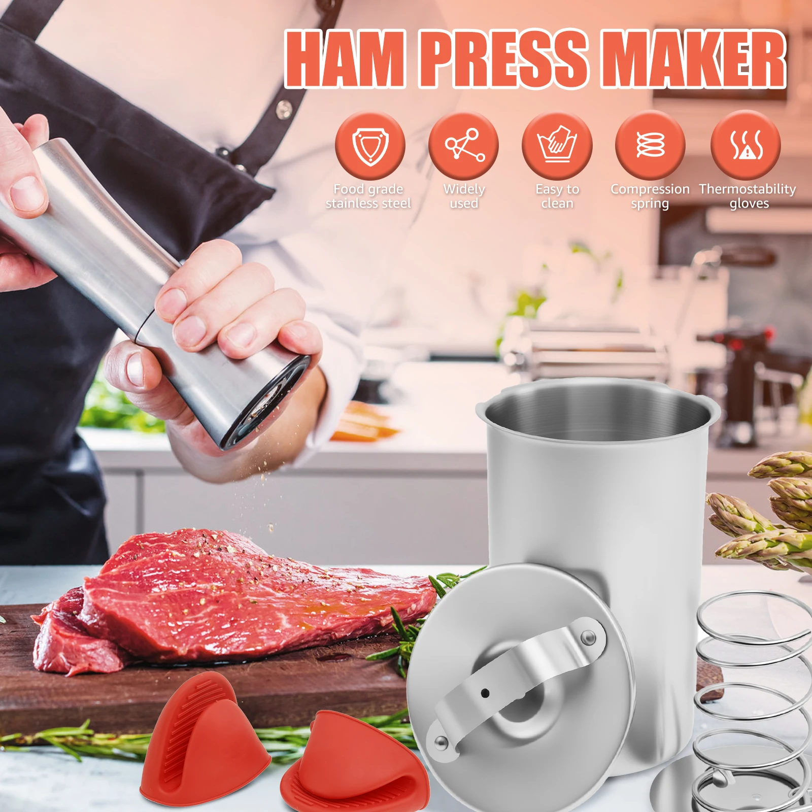 Ham Maker with ℉/℃ Cooking Thermometer and Silicone Kitchen Mittens Stainless Steel Meat Press Mold for Homemade Deli Meats