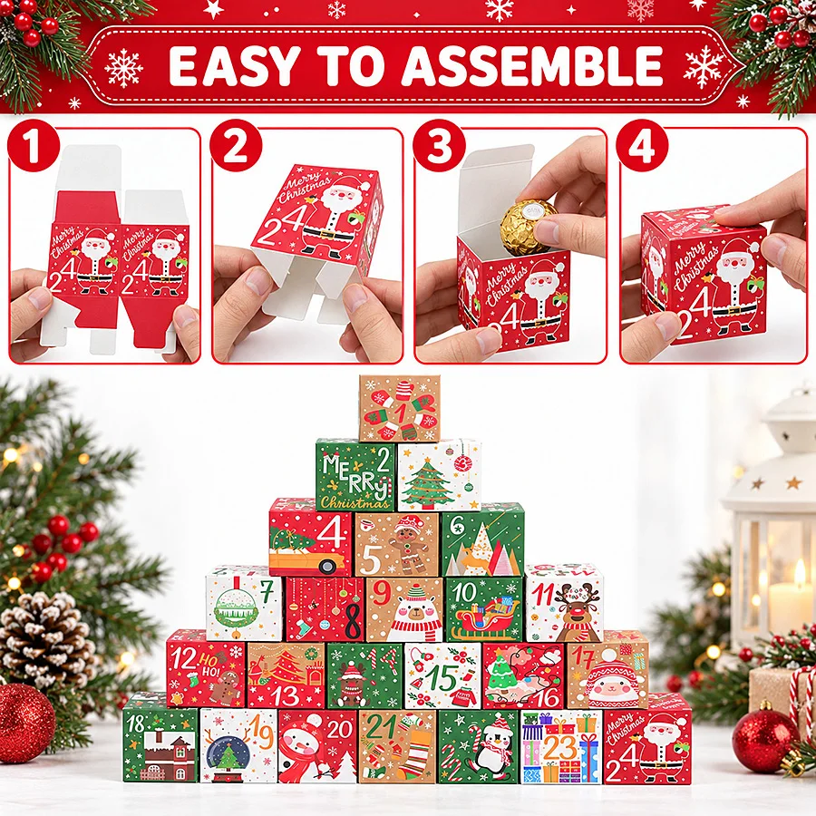 24pcs Christmas Advent Calendar Box Set Cartoon Xmas Pattern Empty Paper Boxes DIY Countdown Gift Boxes Surprise Gift Wrapping