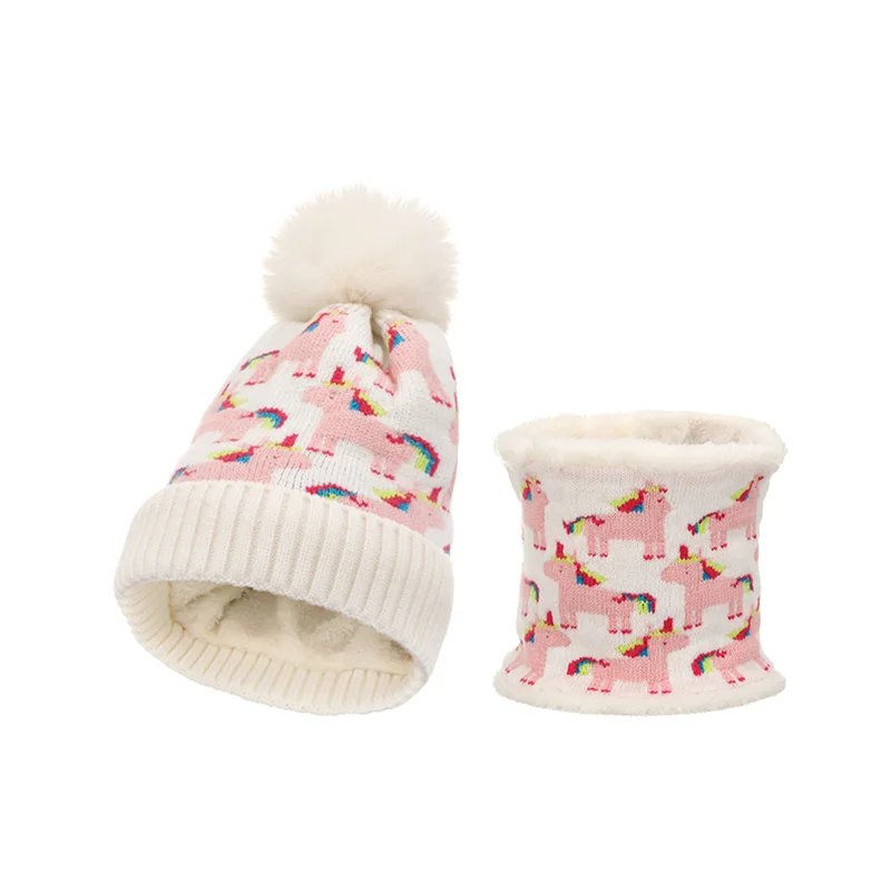 European Winter Knitted Baby Hat Scarf Set Cartoon Unicorn Beanies Girls Warm Pompom Cap Windproof Gorras Kids Crochet Bonnet