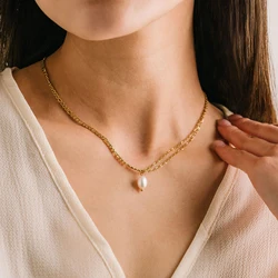 Trendy Stainless Steel Natural Pearls Drop Charm Necklace for Women Fashion Exquisite Layered Figaro Chain Jewelry Bijoux Femme