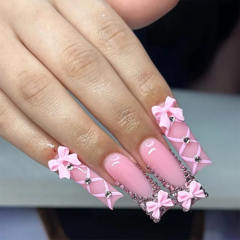 24 uñas postizas francesas con degradado negro y rosa, estilo Y2K, estampado de leopardo y lunares, cuadradas, con moño 3D, reutilizables 6