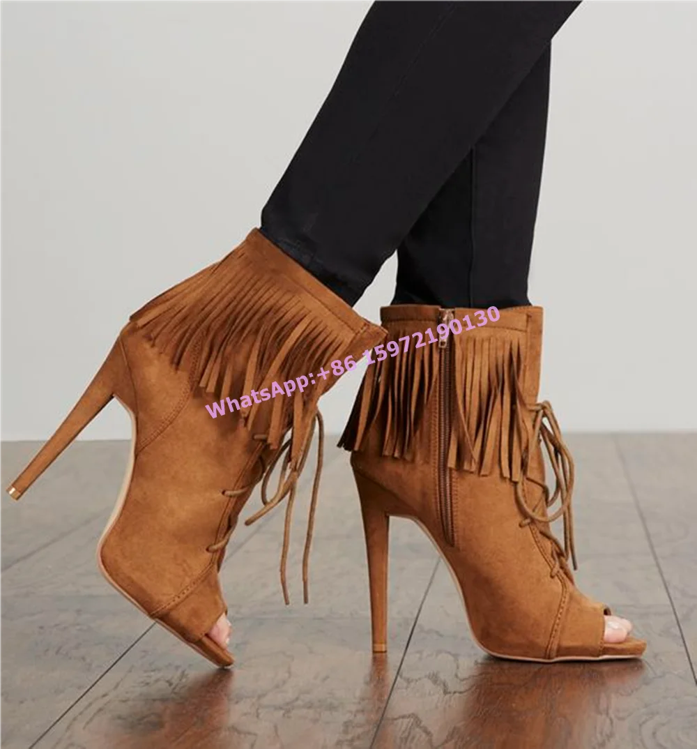 

Cross Tied Fringe Ankle Boots Thin Heels Brown Solid Sewing Runway Shoes Sexy Spring Fall Suede Street Style Short Boots