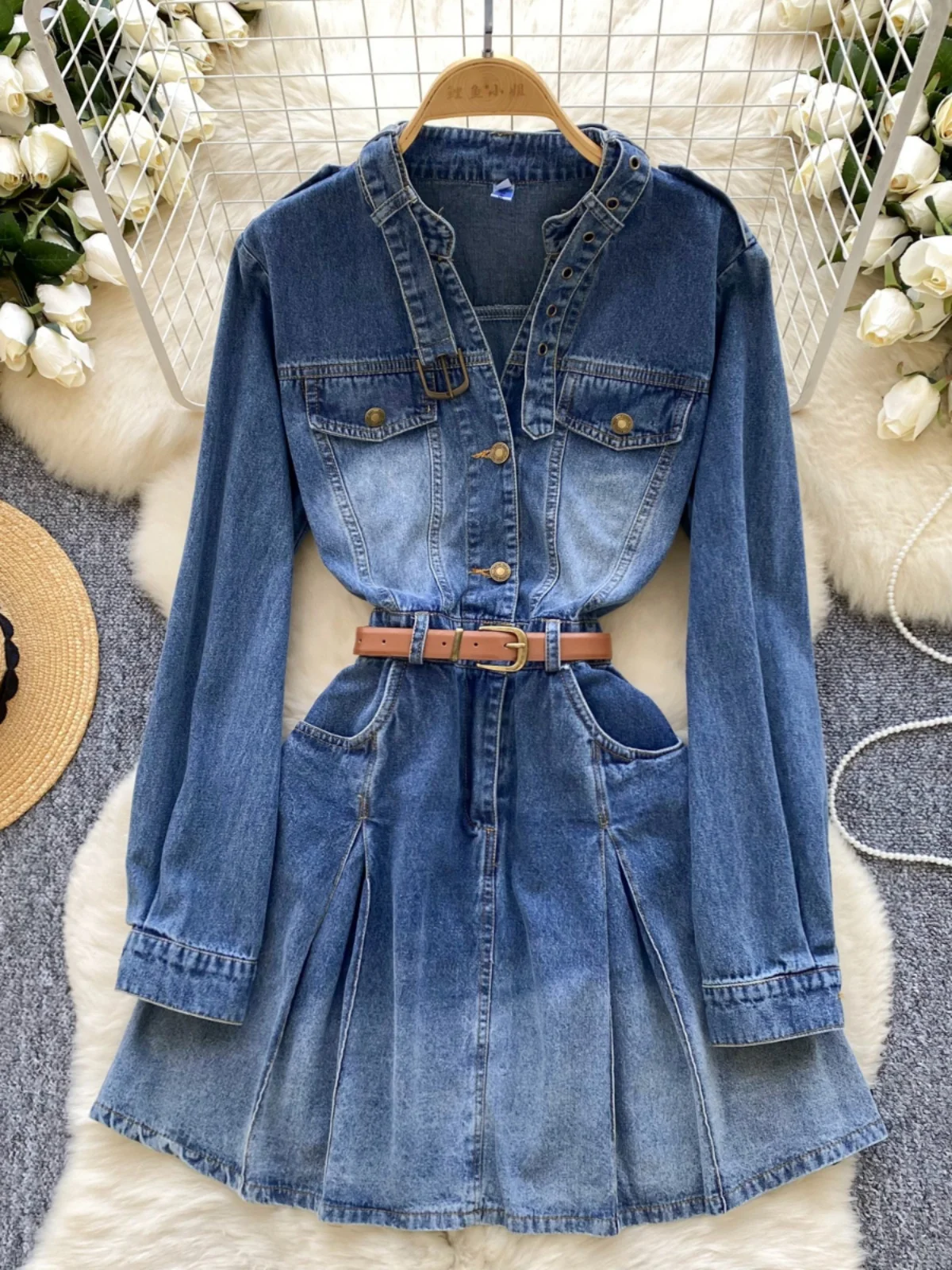 

Vintage Do Old Denim Dress Women Winter Collar Belt Design Sense Niche Chic Temperament Mid-length Skirt