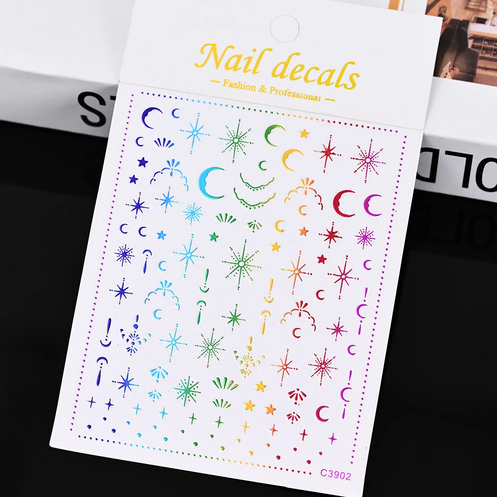 3D Gold Sun/Moon/Star Bronzing Nail Art Sticker 8*10cm Laser Star Moon Design Nail Decal Gold Silver Self-Adhesive Slider &*& view 6
