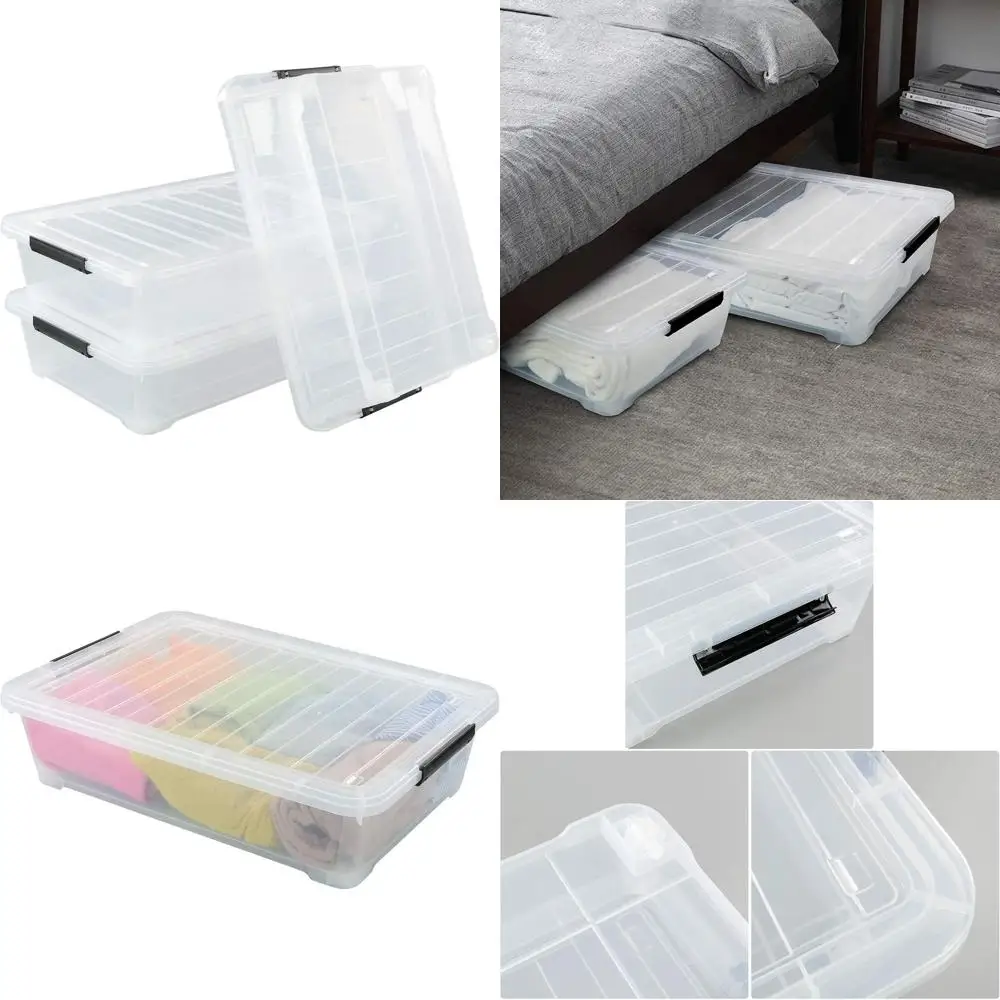

Set of 3 Clear Plastic Underbed Storage Boxes with Wheels, 40 Quart Capacity