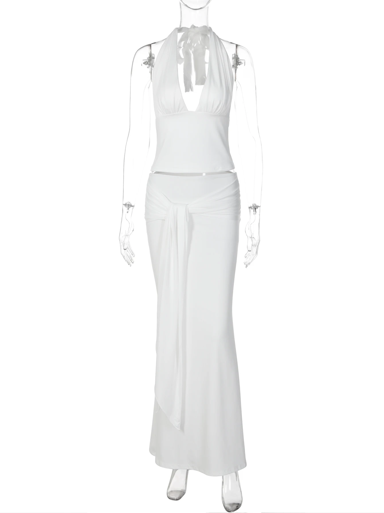 Dulzura Women'S Solid Sexy Elegant 2 Piece Lace Up Skirt Set Backless Halter Tank Top Ruched Slim Fit Long Skirt Matching Set image 6