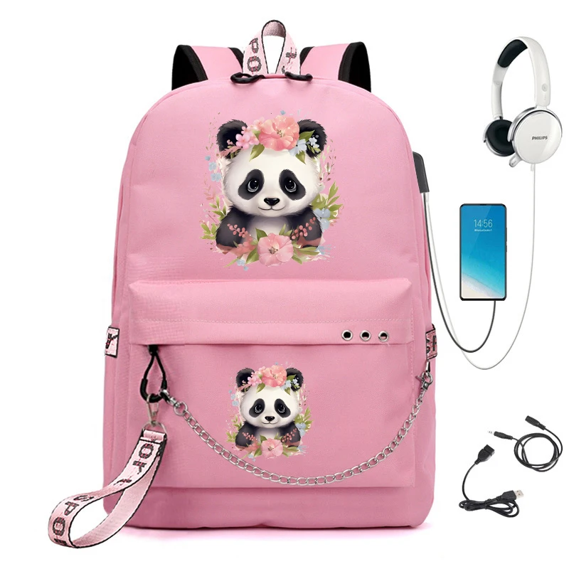 Tas ransel sekolah modis untuk anak perempuan, tas punggung perjalanan motif bunga Panda lucu, tas buku Usb