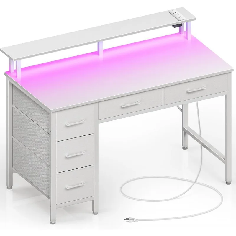 

Home Office Computer Desk with Power Outlets, LED Light & 5 Drawers - Writing Desk with Monitor Stand