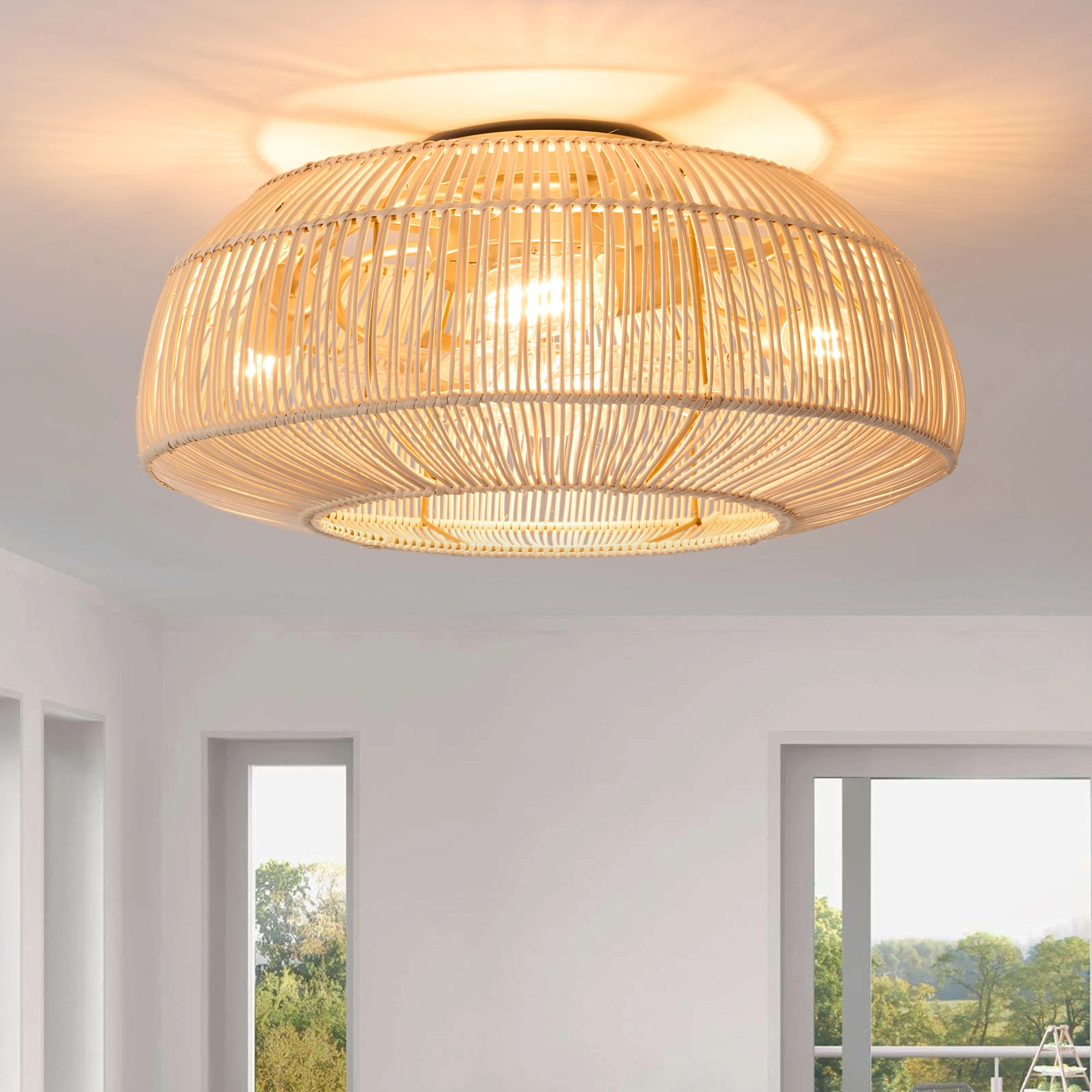 Luz de techo con ventilador nórdico para dormitorio, lámpara de ventilador de ratán Vintage, decoración del hogar, iluminación de techo rústica bohemia con mando a distancia