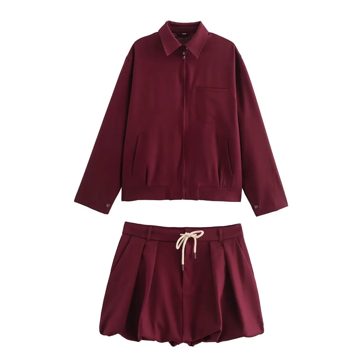 Vintage Women Tied Lantern Mini Burgundy Skirt 2024 New Fashion Zipper Jacket Women Suit Casual 2 Piece Set Ladies Outfit