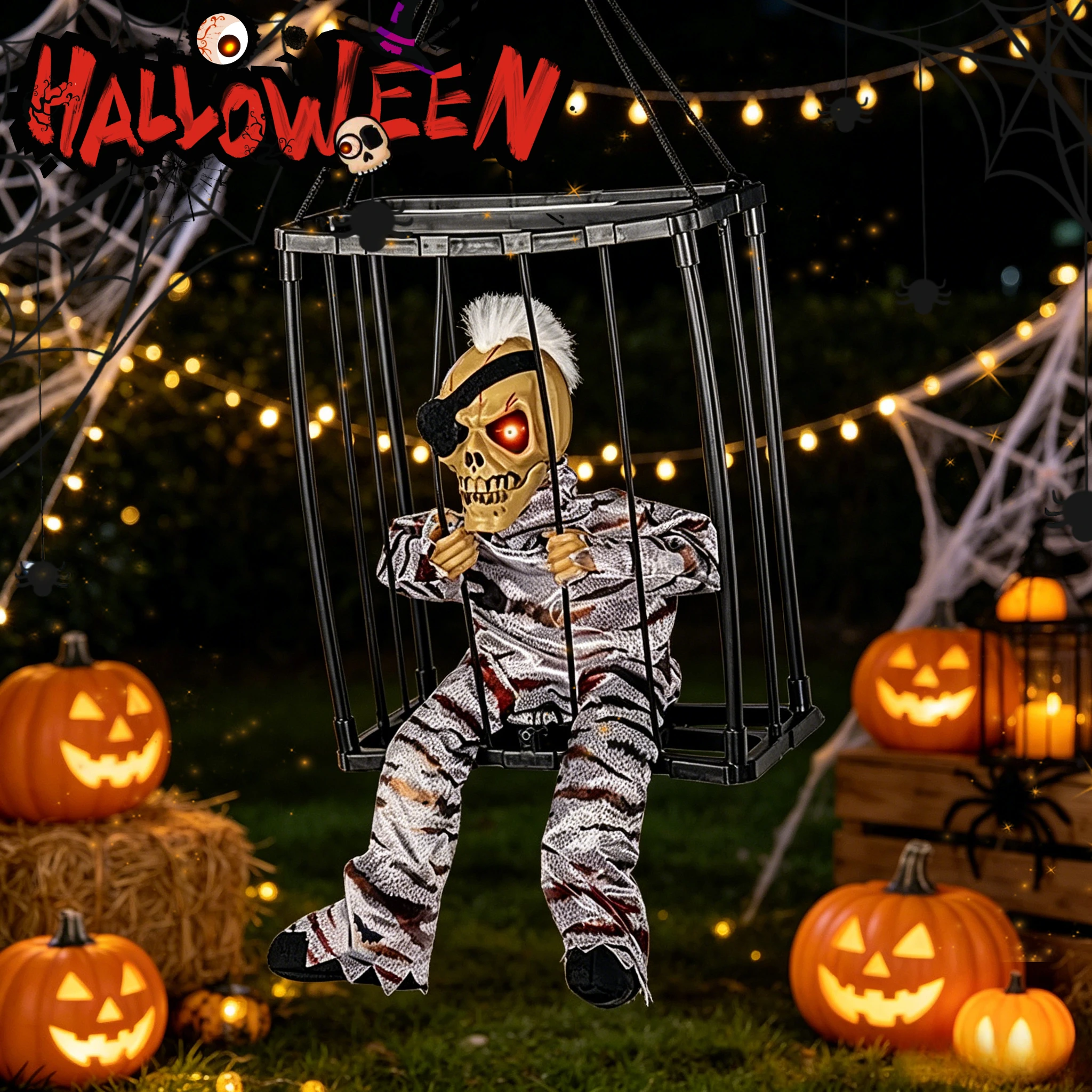Halloween Scary Prisoner Ghost In Cage Decoration Skull Prop Electric Skeleton Glowing Eye Sound Hangable Doll Toy