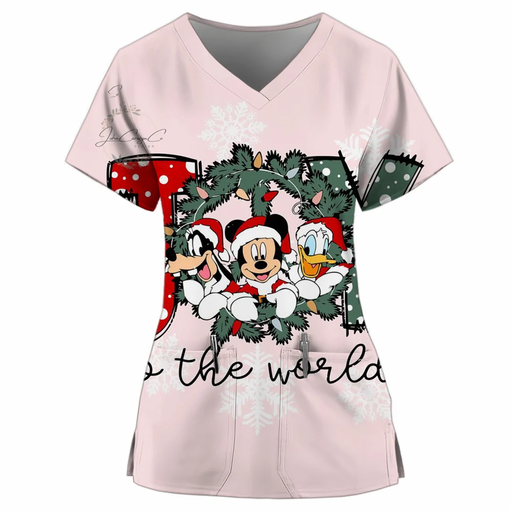 Nurse Uniform Women's Merry Christmas Disney Mickey Mouse Printed Short Sleeve V-neck Matte Work Clothes Medical Shirts Work Top