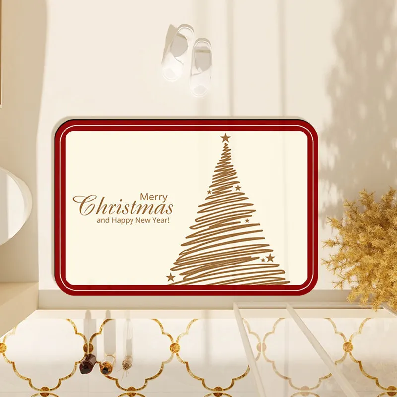 VIKAMA Red Frame Beige Christmas Hat Print Bath Mat Quick Dry Machine Washable Bathroom Kitchen Christmas Holiday Home Decor