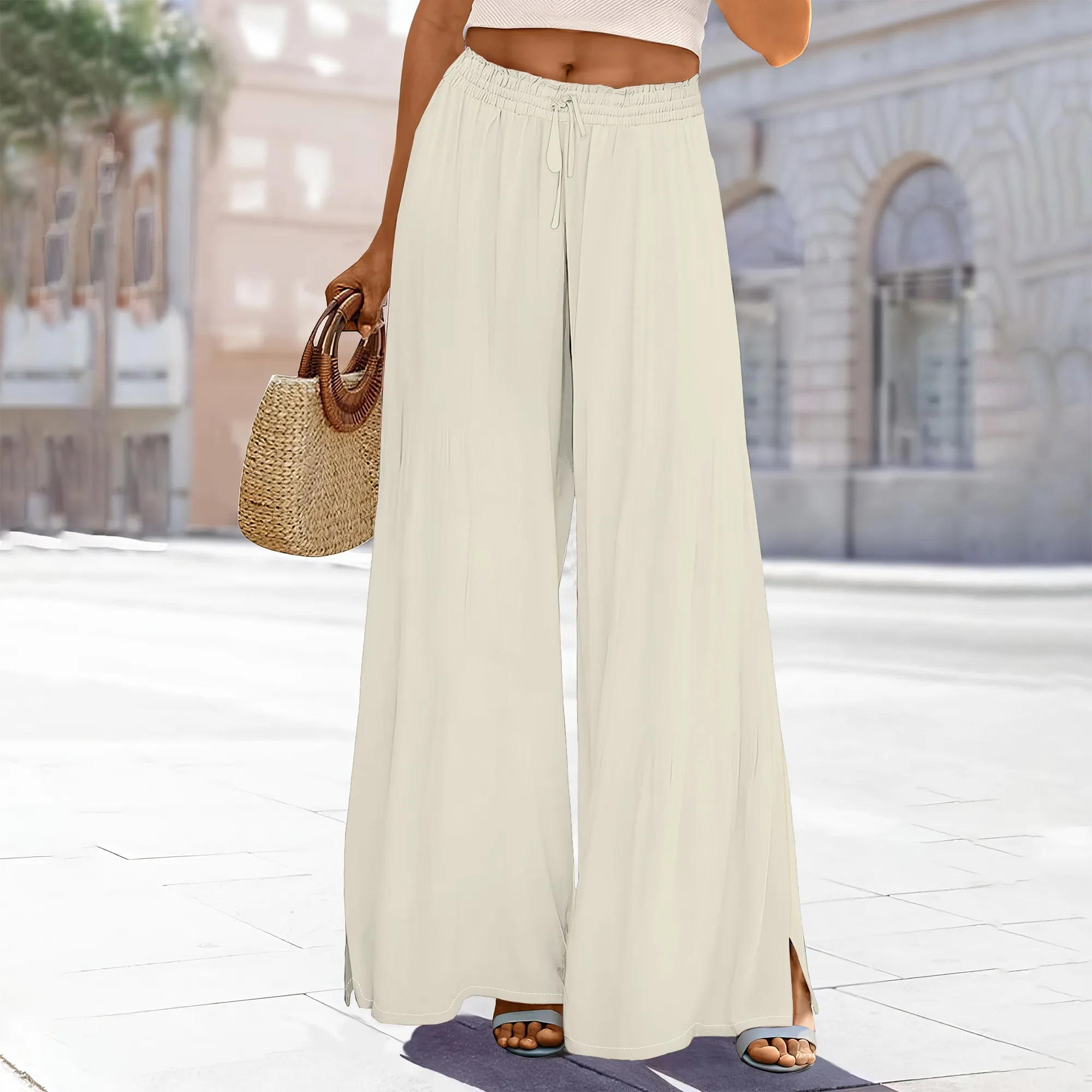 

Women's High-Waisted Black Solid Wide-Leg Pants Adjustable Elastic Waist Pockets Back Slit Polyester Casual Fall Chic