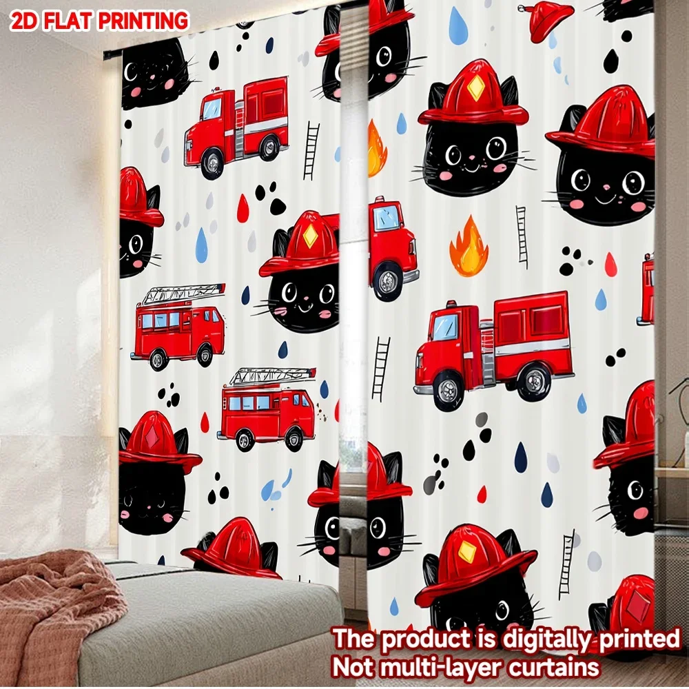 2pcs Firefighter Cat Curtains Digital Printing, Cute Black Kitten with Red Helmet Fire Truck Pattern for Kids Room Bedroom Decor
