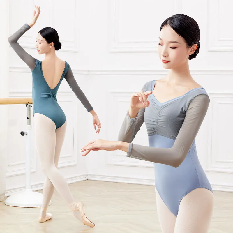 Woman Ballet Leotards Long Sleeves Dance Leotards Gymnastic Leotards Square Collar V Back Nylon Ballet Bodysuit Swimsuit Adults