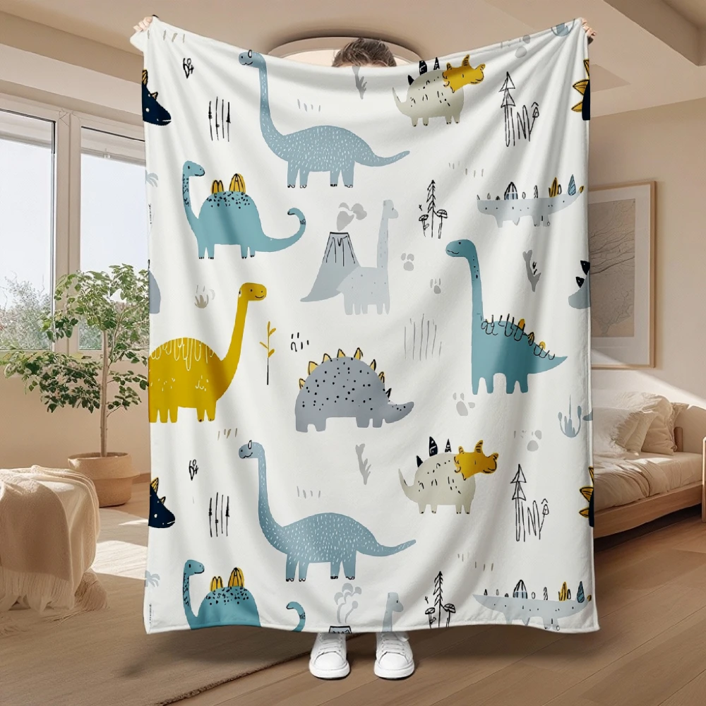 Cute Dinosaur Pattern Soft Fleece Blanket, Blue And Yellow Dinosaur Print, Home Decor Bedding, Cozy Multi-Purpose Gift