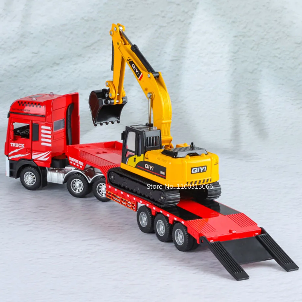 1:48 Flatbed Truck Mounted Excavator Toys Cars Miniature Models Alloy Diecast with Light Music Engineering Car Child Adult Gifts