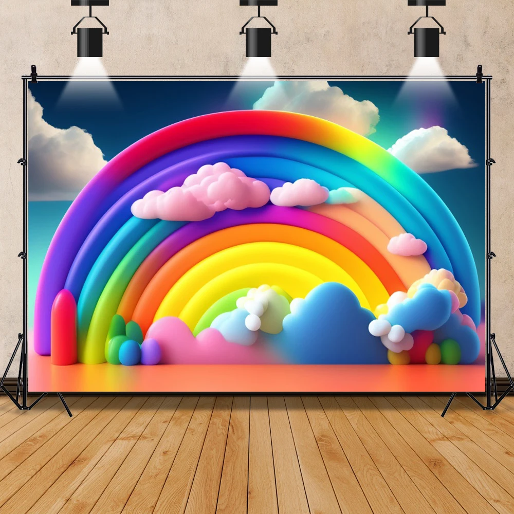 Laeacco Rainbow Backdrops Photography Baby Shower Boy Girl 1st Birthday Party Cloud Shiny Star Photo Background For Photo Studio