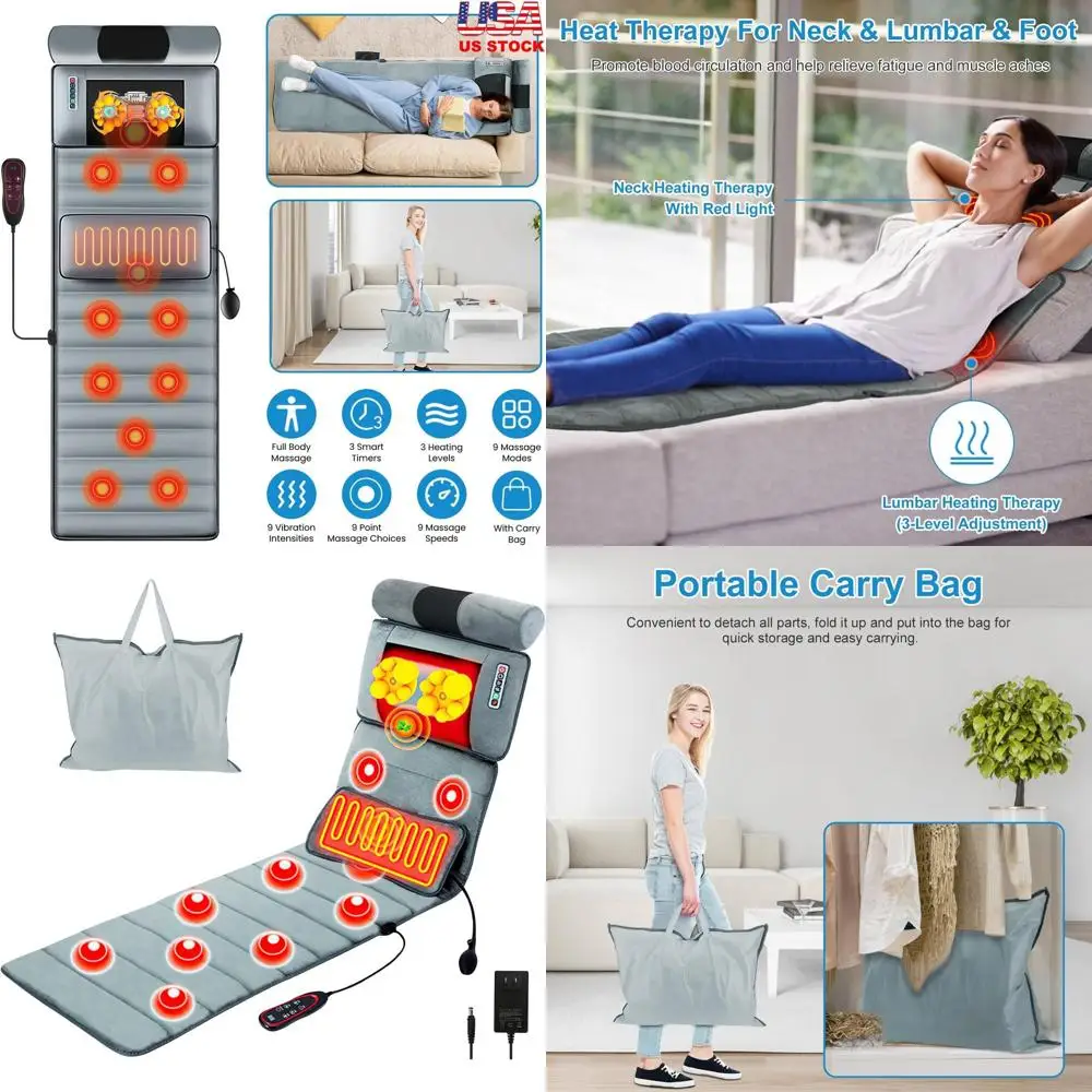 

Heated Full-Body Massage Pad with 10 Vibration Motors, 9 Modes, Electric Neck and Lumbar Support, Anti-Slip Design