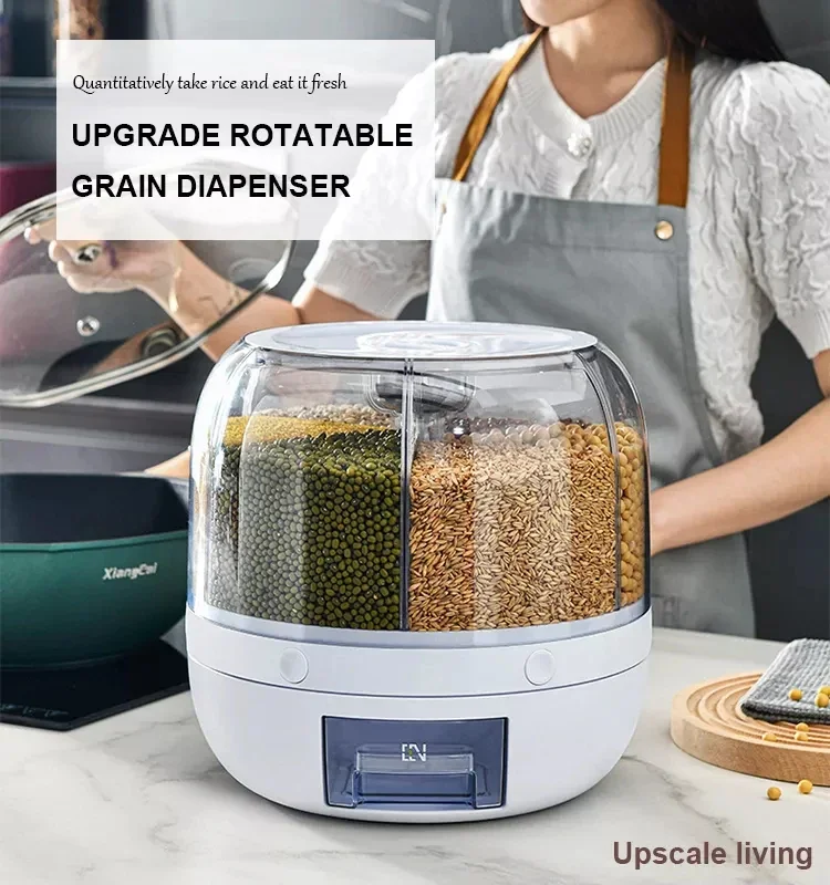 Dispensador de arroz giratorio de 360 grados, Cubo de grano de cereales seco sellado, a prueba de humedad, contenedor de alimentos de cocina, caja