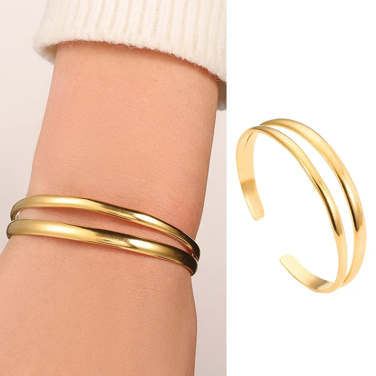 Doppelschichtiges Hohlarmband, goldfarbenes Edelstahl-Armband für Damen, modisches Schmuckgeschenk