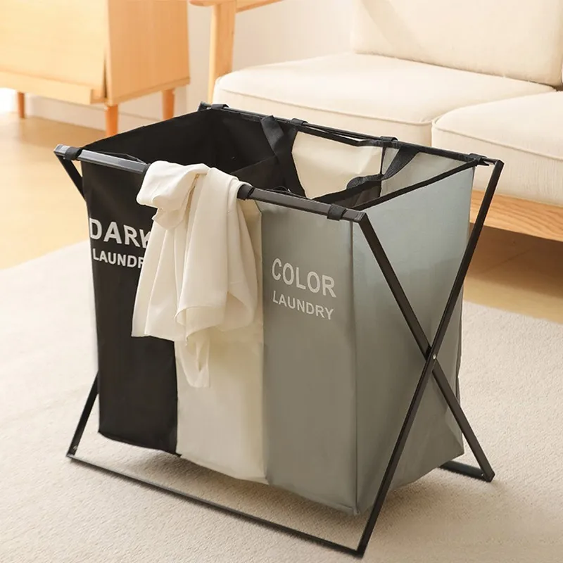 3 Grids Laundry Basket Foldable Dirty Clothes Organizer Bathroom Waterproof Storage Basket Large Laundry Hamper Sorter Bin